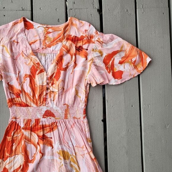 Abel The Label Maxi Dress Floral Tropical Pattern Hi-Lo‎ Ruffled Hem Pink Medium - Picture 2 of 7